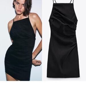 Zara Black Linen Sleeveless Ruched Cross Back Cami Camisole Mini Tank Dress M
